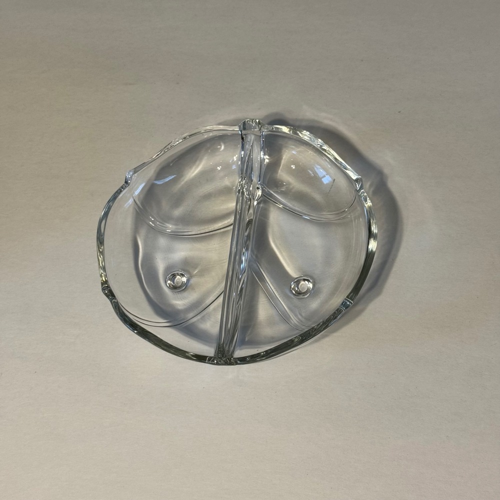 Vintage Clear Glass Leaf Divided Relish Dish 2 Section Footed Serving Bowl 6in